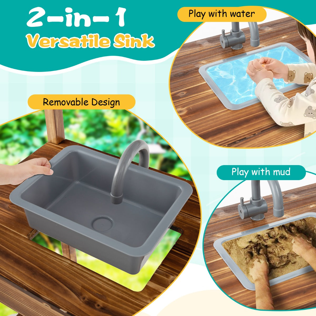 Outdoor Solid Wood Mud Kitchen with Canopy and Rotatable Faucet-Natural