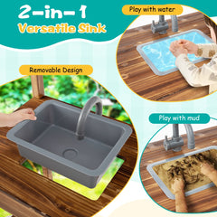 Outdoor Solid Wood Mud Kitchen with Canopy and Rotatable Faucet-Natural