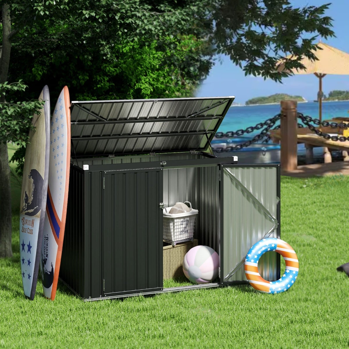 Outdoor Trash Can Storage Shed with Double Openings-Grey