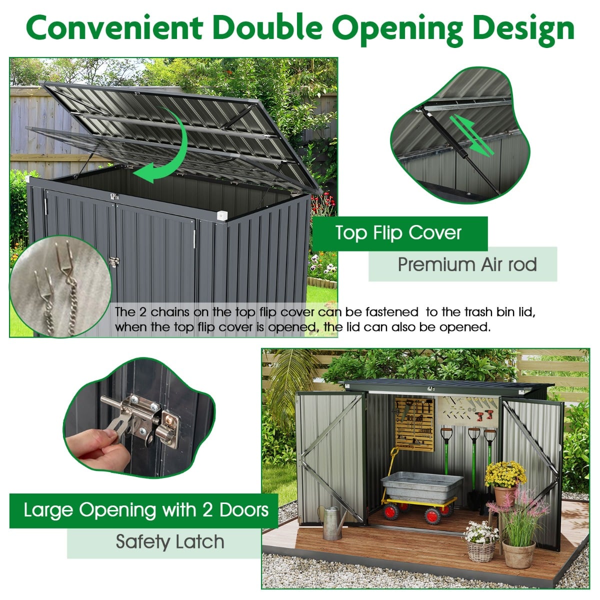 Outdoor Trash Can Storage Shed with Double Openings-Grey
