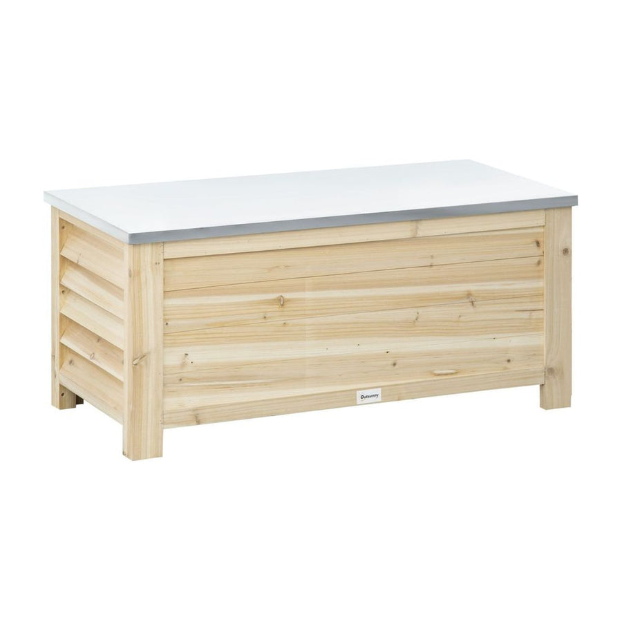 Outsunny 155L Outdoor Storage Box with Metal Top and Shutter Walls, Wooden Outside Tool organiser Container, for Garden