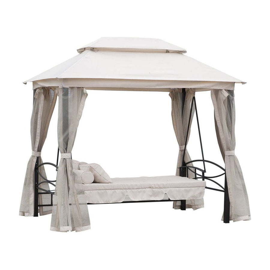 Outsunny 2-in-1 Convertible Gazebo Swing Chair Bed W/Netting, 245Lx165Wx243H cm-Beige/Black