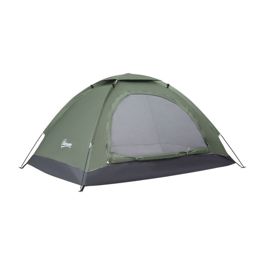 Outsunny 2 Person Camping Tent, Camouflage Tent with Zipped Doors, Storage Pocket, Portable Handy Bag, Dark Green
