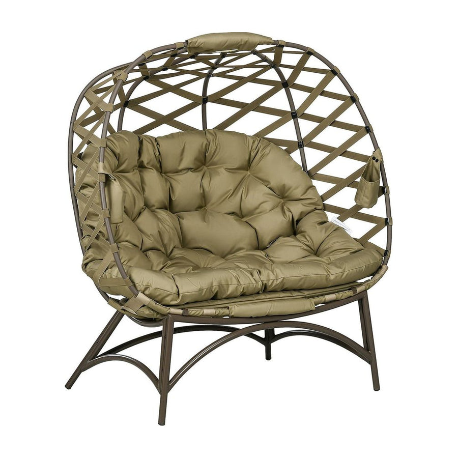 Outsunny 2 Seater Egg Chair Outdoor, Folding Weave Garden Furniture Chair with Cushion, Cup Pockets - Khaki