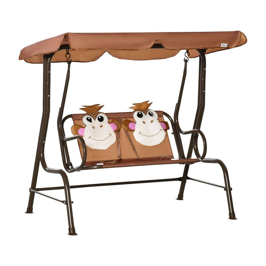 Outsunny 2 Seater Kids Garden Swing Seat, Children Outdoor Patio Lounge Chair for Gardens w/ Adjustable Awning, Seatbelt