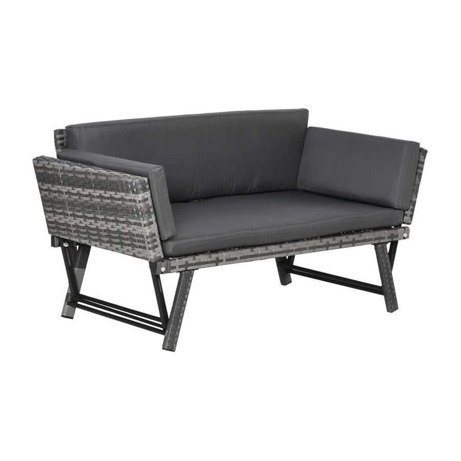 Outsunny 2 Seater Rattan Sofa with Cushions, 2-in-1 PE Rattan Daybed Sofa with Left Up or Down Armrests, Garden Chaise