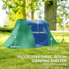 A green and blue three room camping tent with "3000 mm waterproof" text overlay