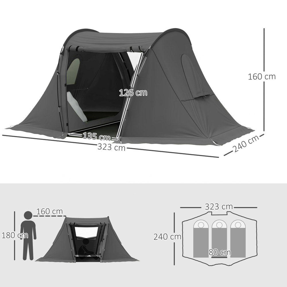 Diagram showing the dimensions of the three man camping tent and sleeping capacity