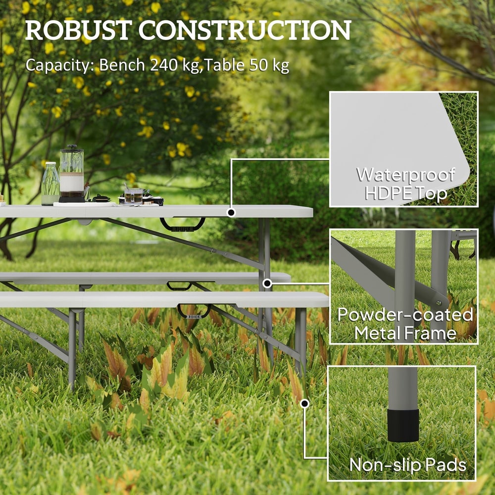 Close-up of the white folding picnic table and bench set showing robust construction details