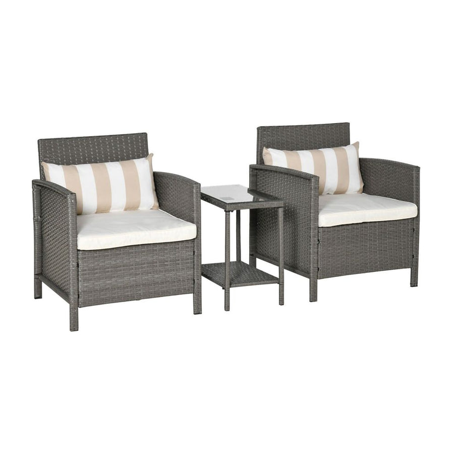 Outsunny 3 Pieces Rattan Bistro Set, Wicker Garden Furniture Set, Glass Top 2-tier Coffee Table and Chairs Set with Pillows