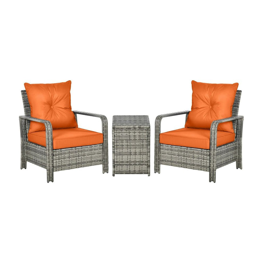 Outsunny 3 Pieces Rattan Bistro Set, Wicker Garden Furniture Set with Storage Coffee Table and Chairs, Thickened Cushions for