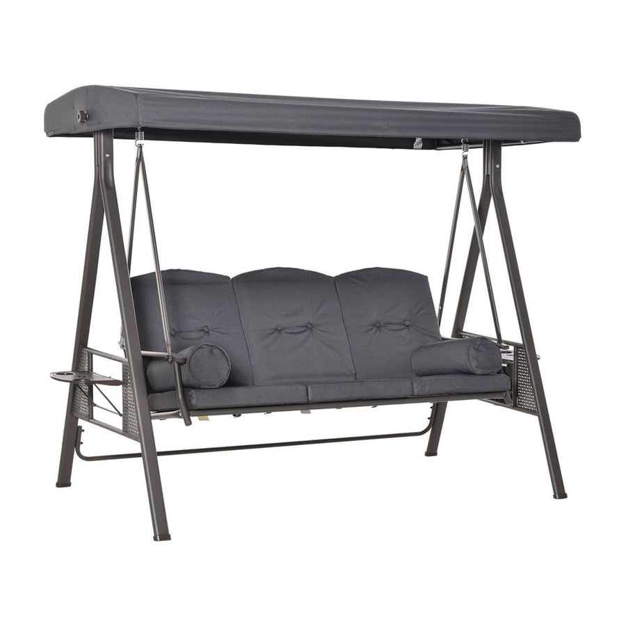 Outsunny 3 Seater Garden Swing Chair Outdoor Hammock Bench w/ Adjustable Canopy, Cushions and Cup Trays, Brown Steel Frame