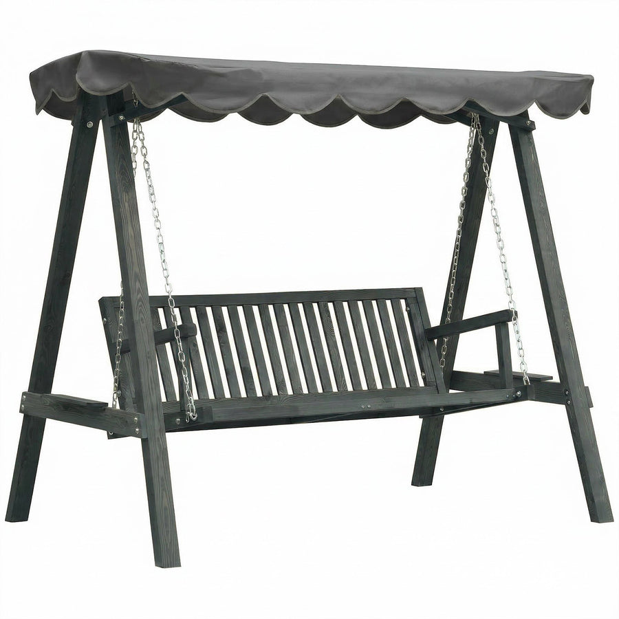 Outsunny 3 Seater Garden Swing Seat with Canopy, Wooden Swing Chair, Outdoor Hammock Bench for Balcony Patio Porch, Grey