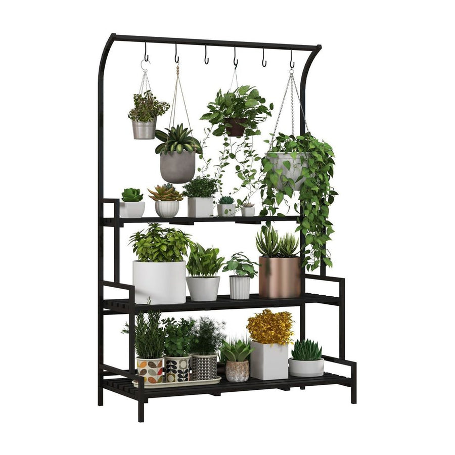 Outsunny 3 Tiered Plant Rack with Hanging Hooks, Tall Plant Stand for Indoor Outdoor Porch Balcony Use, Black