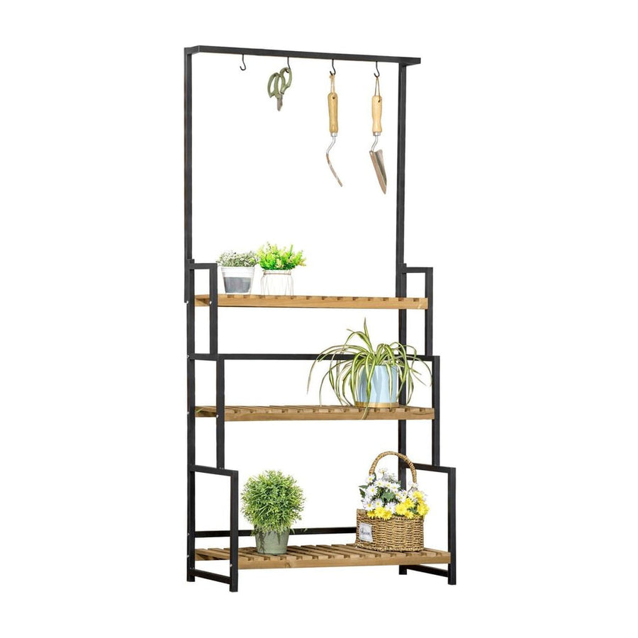 Outsunny 3 Tiered Plant Stand with Hanging Hooks, Flower Rack Shelf for Indoor Outdoor Porch Balcony Living Room Bedroom