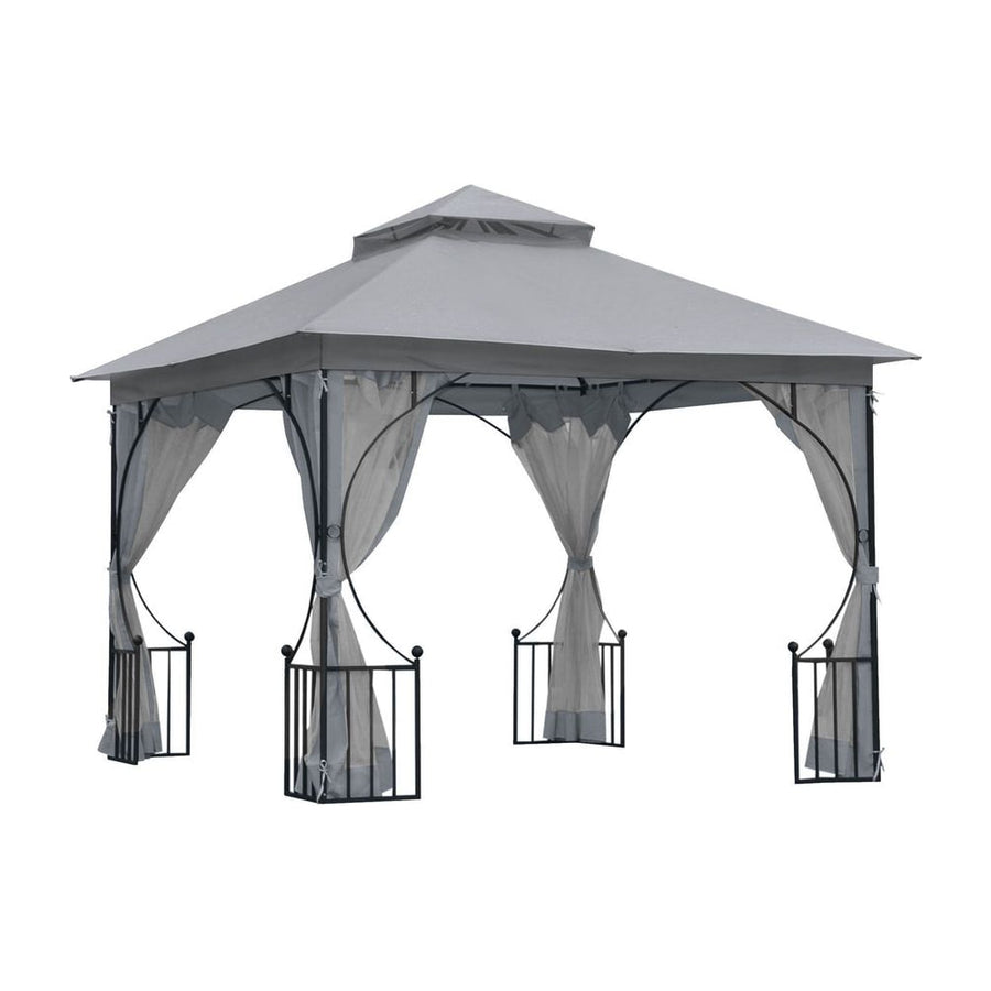 Outsunny 3 x 3(m) Garden Gazebo Patio Party Tent Shelter Outdoor Canopy Double Tier Sun Shade Metal Frame Netting, Light Grey