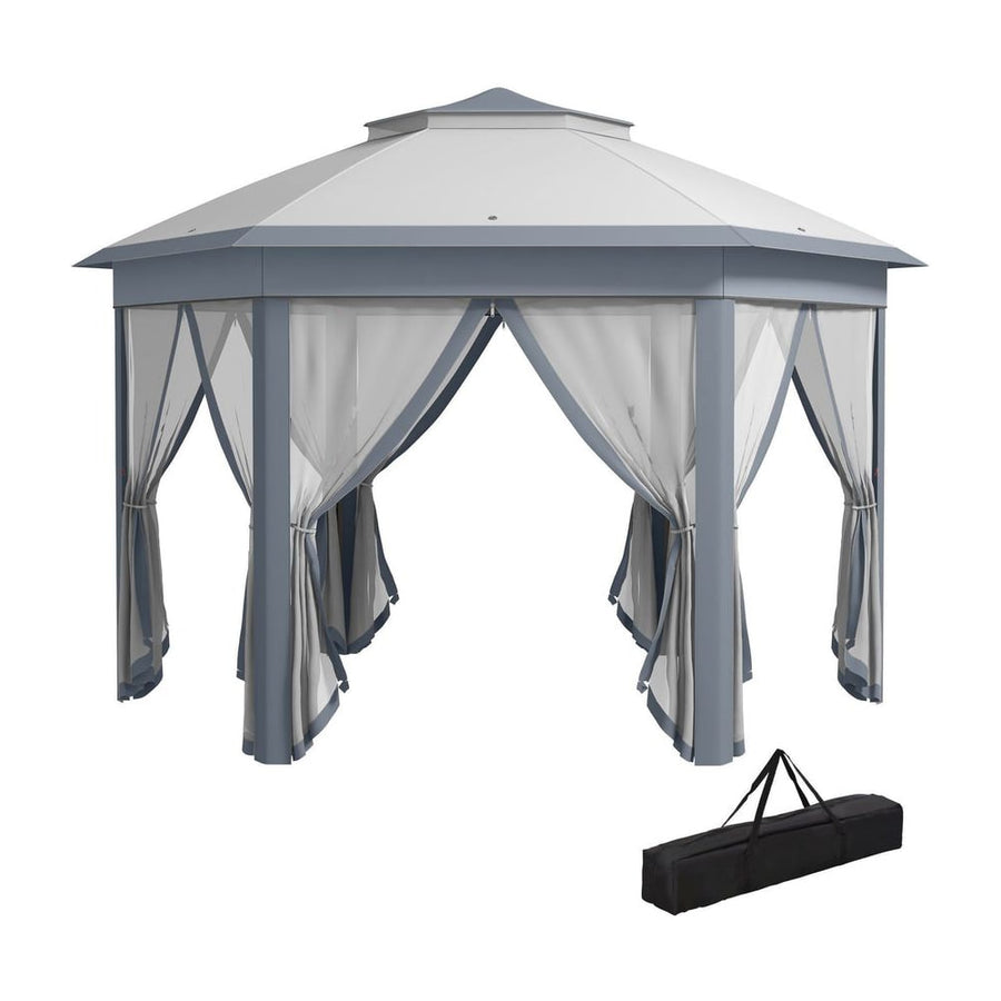 Outsunny 3 x 4m Metal Frame Hexagon Gazebo, with Curtains - Grey