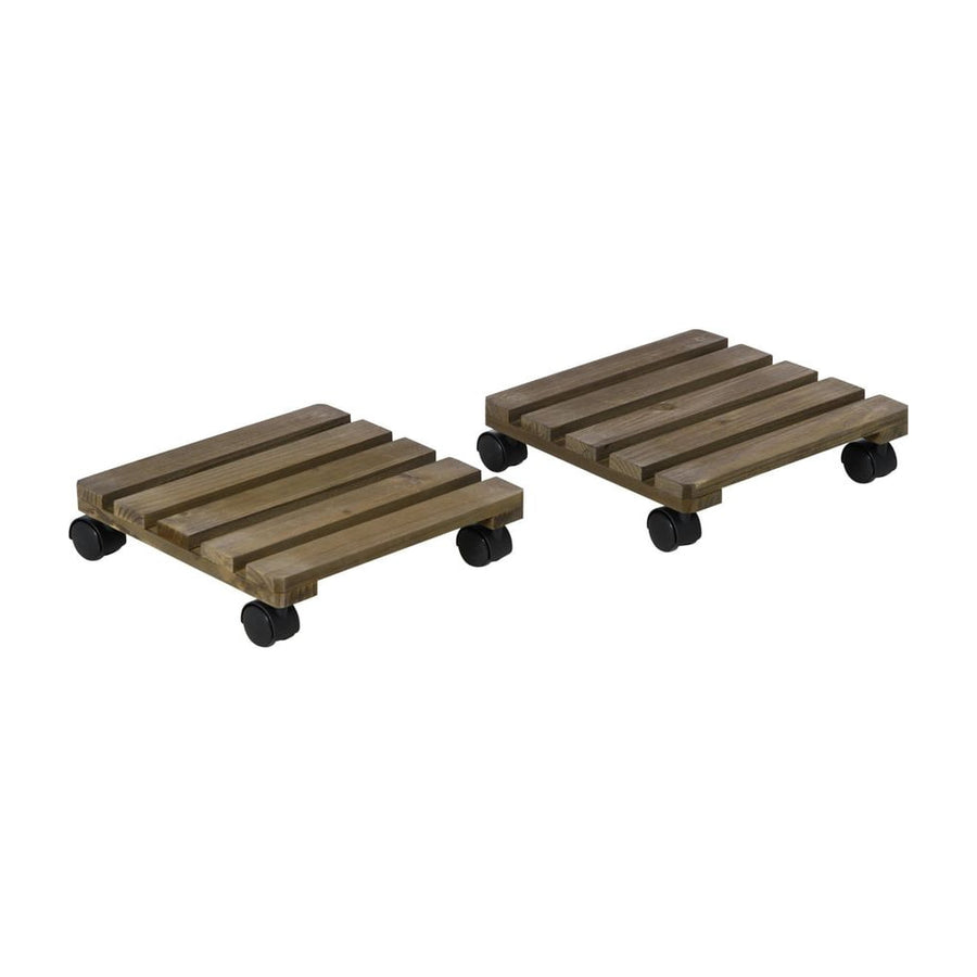 Outsunny 2 Pack Plant Caddy with Wheels, 30 cm Square Wooden Plant Pot Trolley, Pot Caddy for Outdoor Patios, Decks and