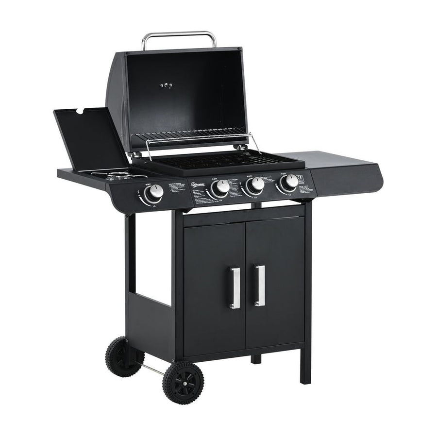 Outsunny 3+1 Burner Gas BBQ Grill, a black trolley barbecue with warming rack and side shelves