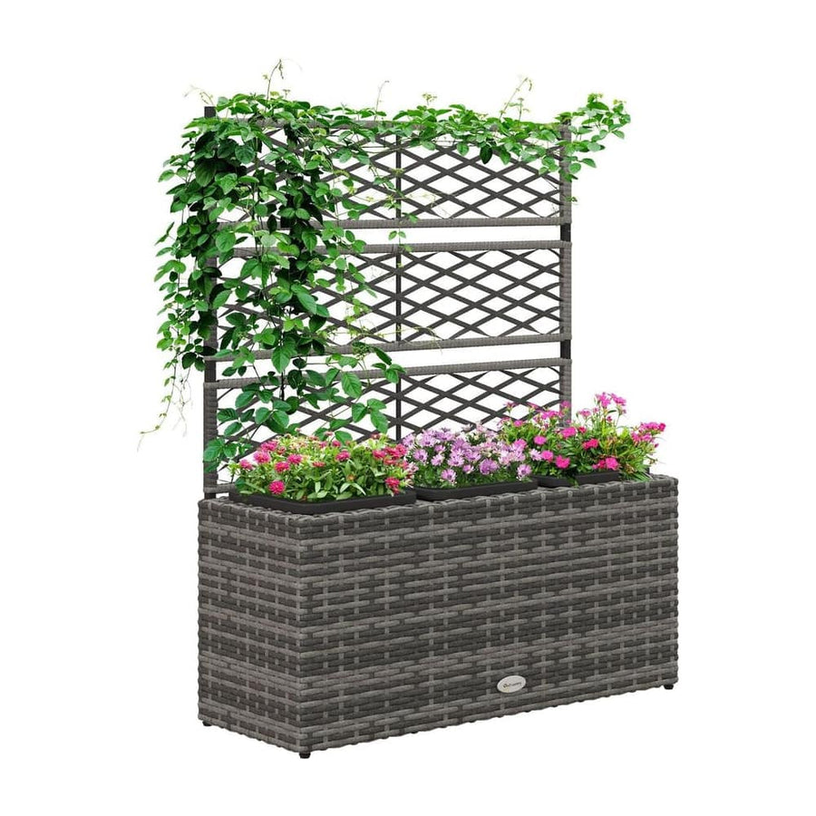Outsunny 33L Garden PE Rattan Planter with Trellis, Free Standing Flower Raised Bed for Garden, Garden Planter for Climbing