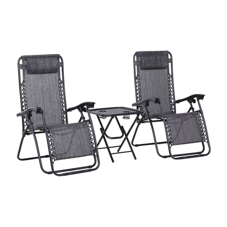 Outsunny 3pcs Folding Zero Gravity Chairs Sun Lounger Table Set w/ Cup Holders Reclining Garden Yard Pool, Light Grey