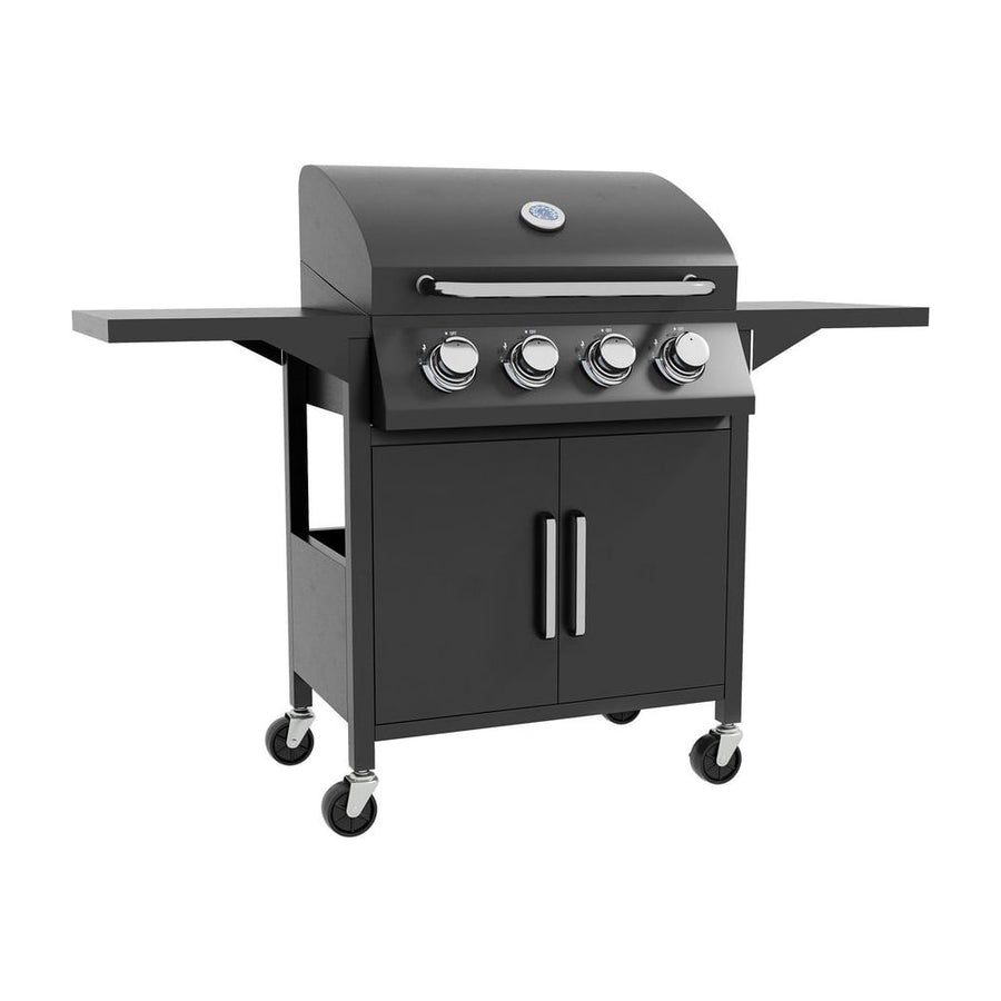 Outsunny 4 Burner Gas BBQ Grill Outdoor Portable Barbecue Trolley w/ Warming Rack, Side Shelves, Storage Cabinet, Thermometer