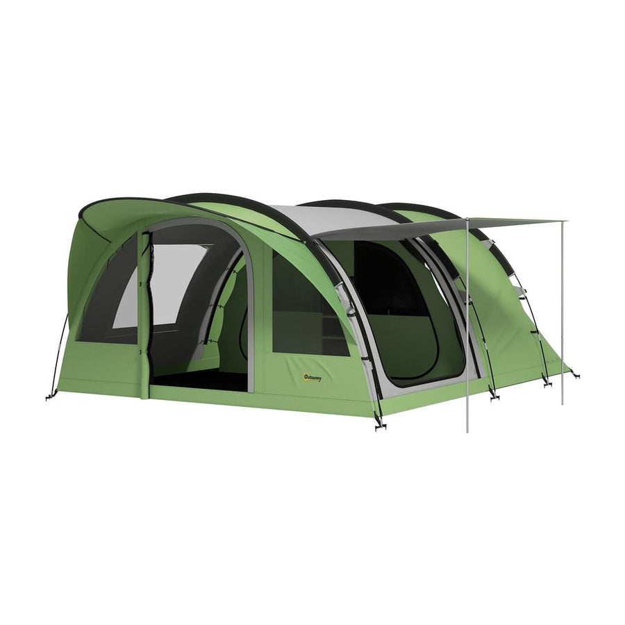 Outsunny 4 Person Easy Setup Family Camping Tent with 2 Rooms, Waterproof Tunnel Tent w/ Sewn In Groundsheet, Green & Grey