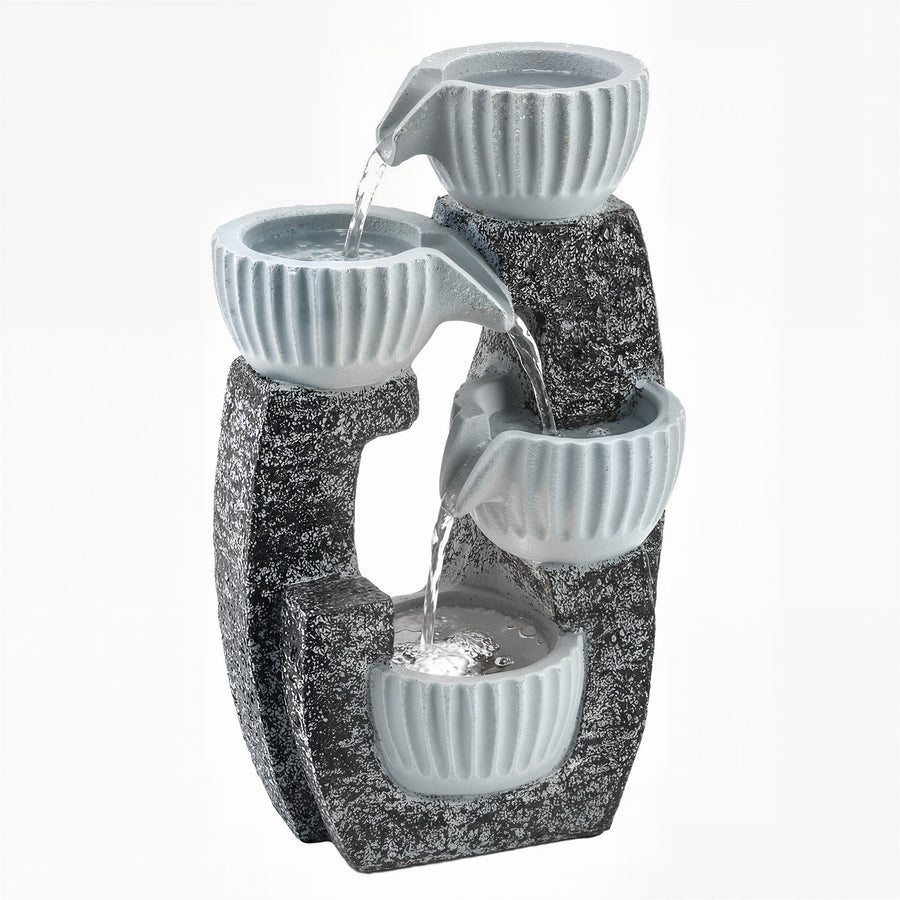 Outsunny 4-Tier Bowl Water Feature, Indoor Outdoor Garden Water Fountain with Pump and LED Lights, Resin Cascading Waterfall