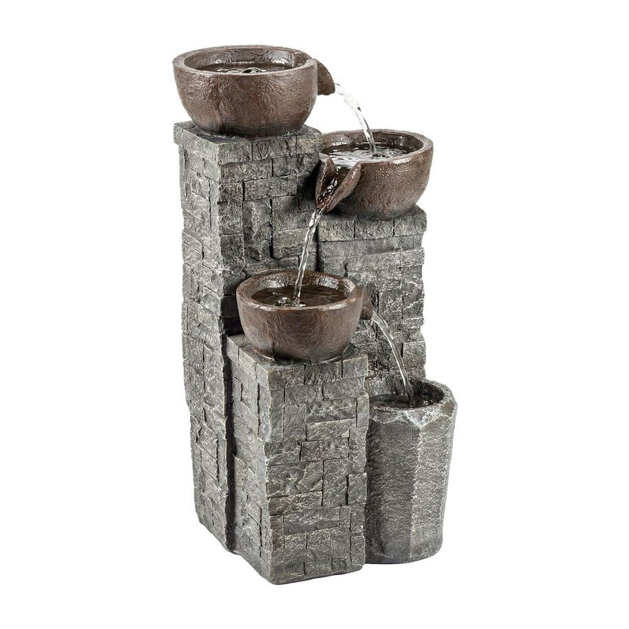 Outsunny 4-Tier Outdoor Fountain, Cascading Waterfall, Garden Fountain with LED Lights, Adjustable Flow, Grey and Rustic