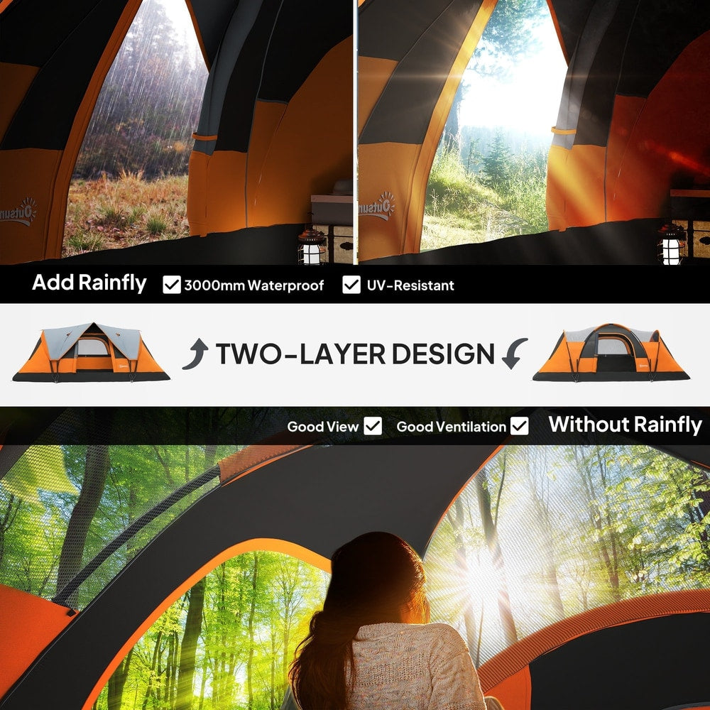 Close up of the two-layer design of the orange and grey dome camping tent, showing ventilation and UV resistance