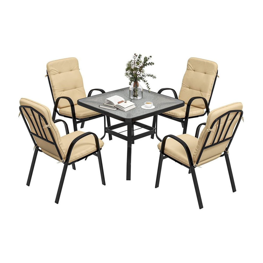 Outsunny 5 Pieces Outdoor Square Garden Dining Set w/ Tempered Glass Dining Table 4 Cushioned Armchairs, Umbrella Hole, Beige
