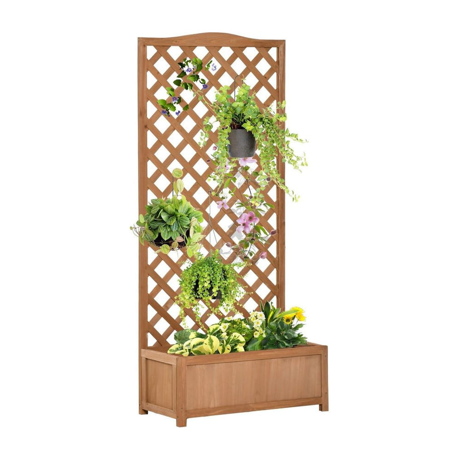 Outsunny 53L Garden Wooden Planter Box with Trellis Free Standing Flower Raised Bed with Lattice for Climbing Plants, 76cm x
