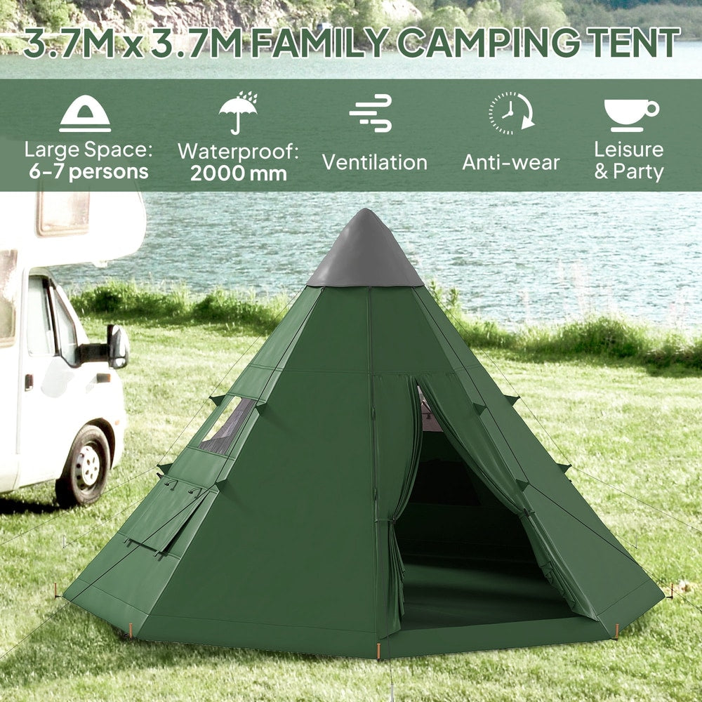 A large family camping tent in green, with icons indicating features like waterproof and ventilation