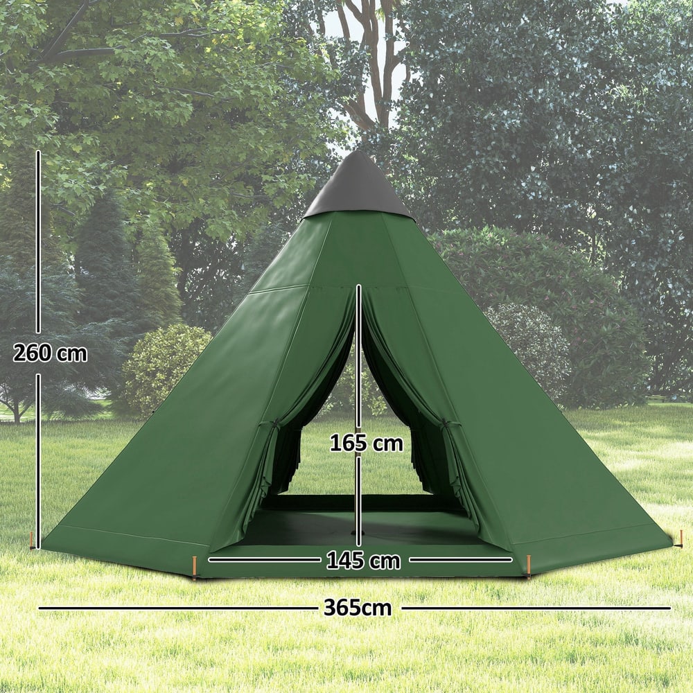 A green tipi tent with dimensions shown for height and width, set up outdoors