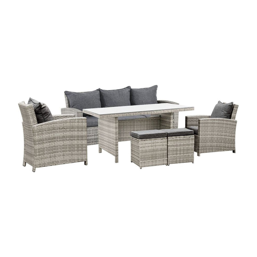 Outsunny 6 Pieces PE Rattan Garden Furniture Set with Three-seat, Armchairs and Footstools, Aluminium Patio Wicker Dining