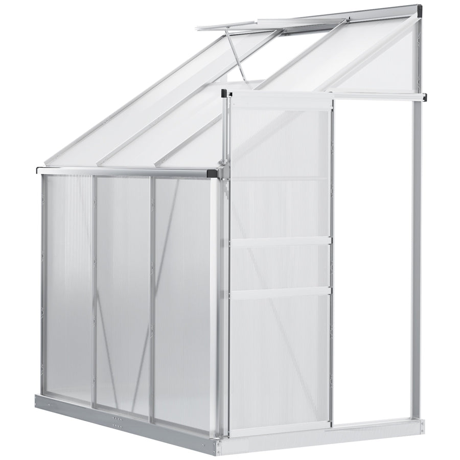 Outsunny 6 x 4ft Lean to Wall Polycarbonate Greenhouse Aluminium Walk-in Garden Greenhouse with Adjustable Roof Vent, Rain