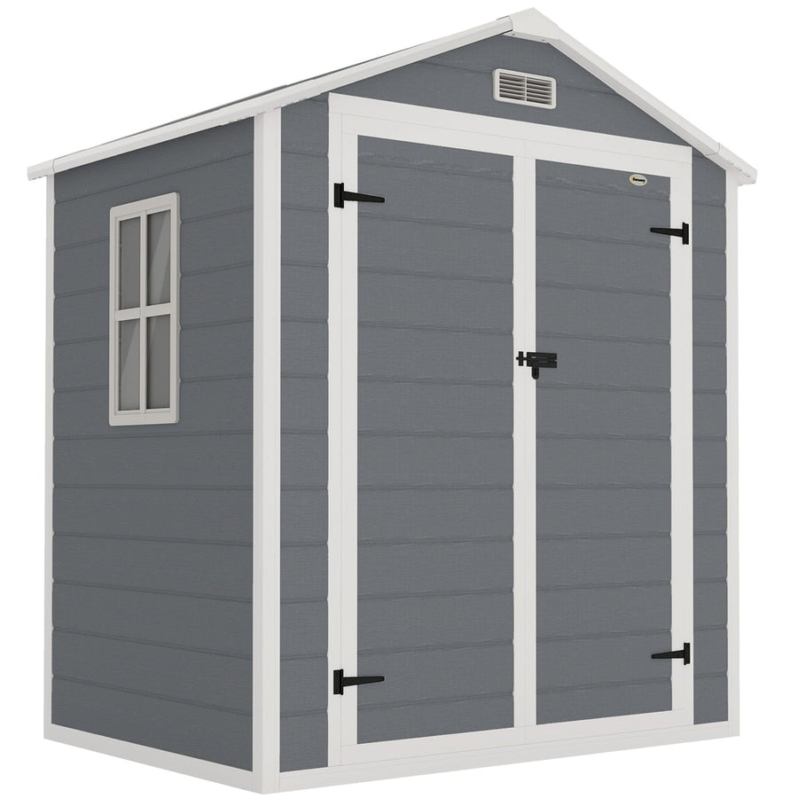 Outsunny 6'x4.5' Garden Storage Shed, Lockable Garden Shed with Double Doors, Window, Vent and Plastic Roof, Grey
