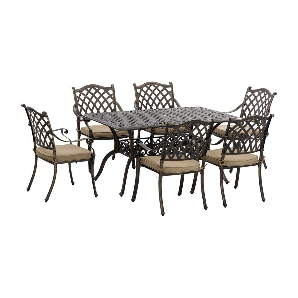 Outsunny 7 PCs Garden Patio Dining Set with Parasol Hole, Cast Aluminium Outdoor Furniture Set with Six Cushioned Chairs and