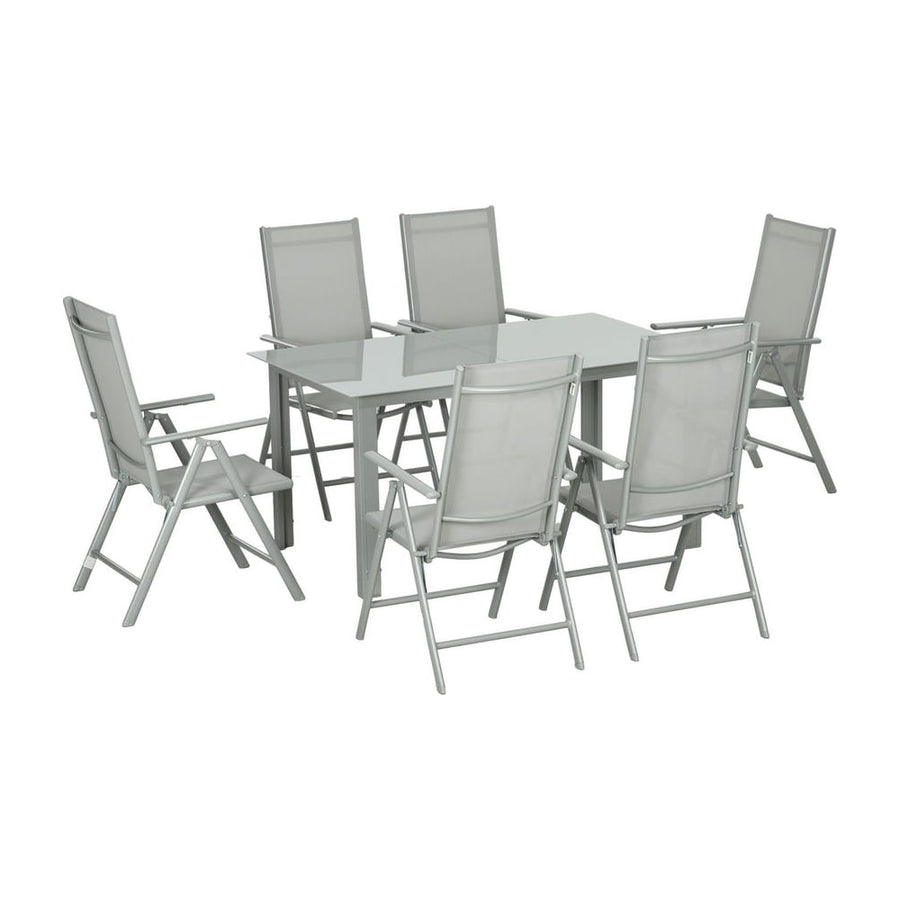 Outsunny 7 Piece Garden Dining Set, Outdoor Table and 6 Folding and Reclining Chairs, Aluminium Frame, Tempered Glass Top