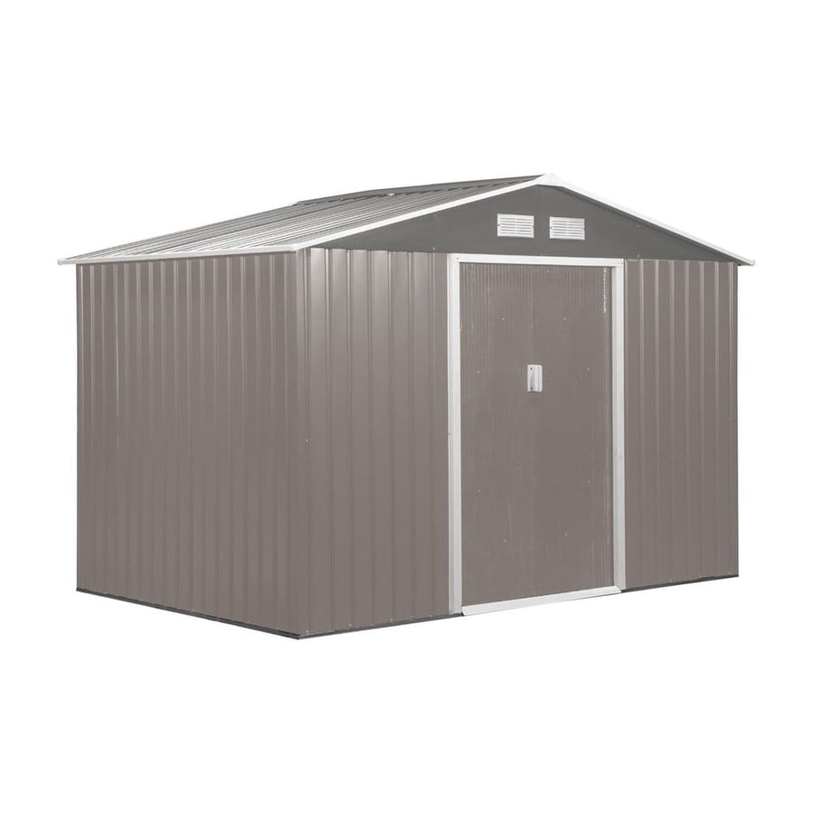 Outsunny 9 x 6FT Outdoor Garden Roofed Metal Storage Shed Tool Box with Foundation Ventilation & Doors Light, Grey