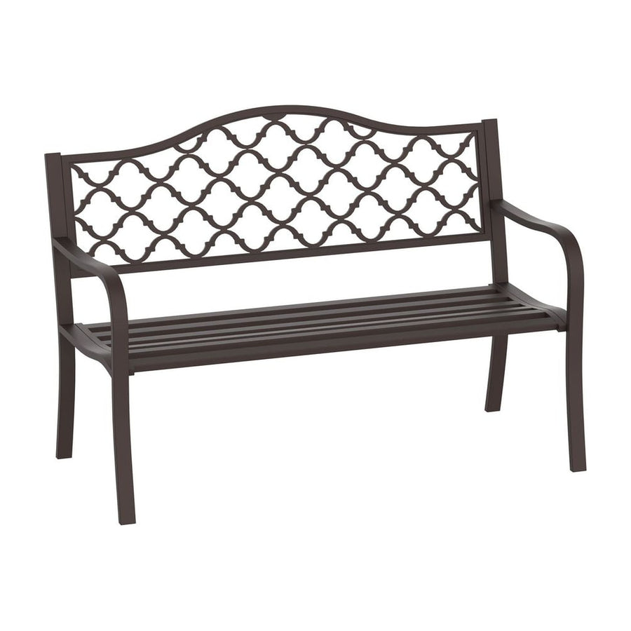 Outsunny Antique Style Outdoor Cast Iron Front Porch Bench, a dark brown metal bench with a decorative back
