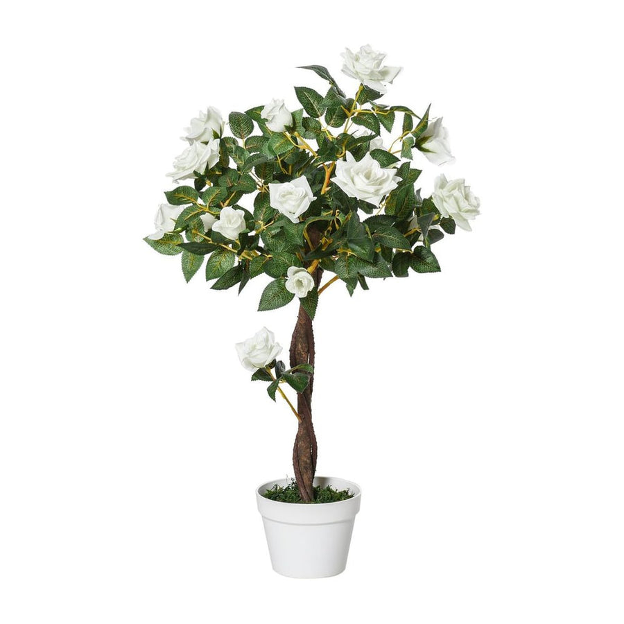 Outsunny Artificial Plants White Rose Floral in Pot, Fake Plants for Home Indoor Decor, 90cm