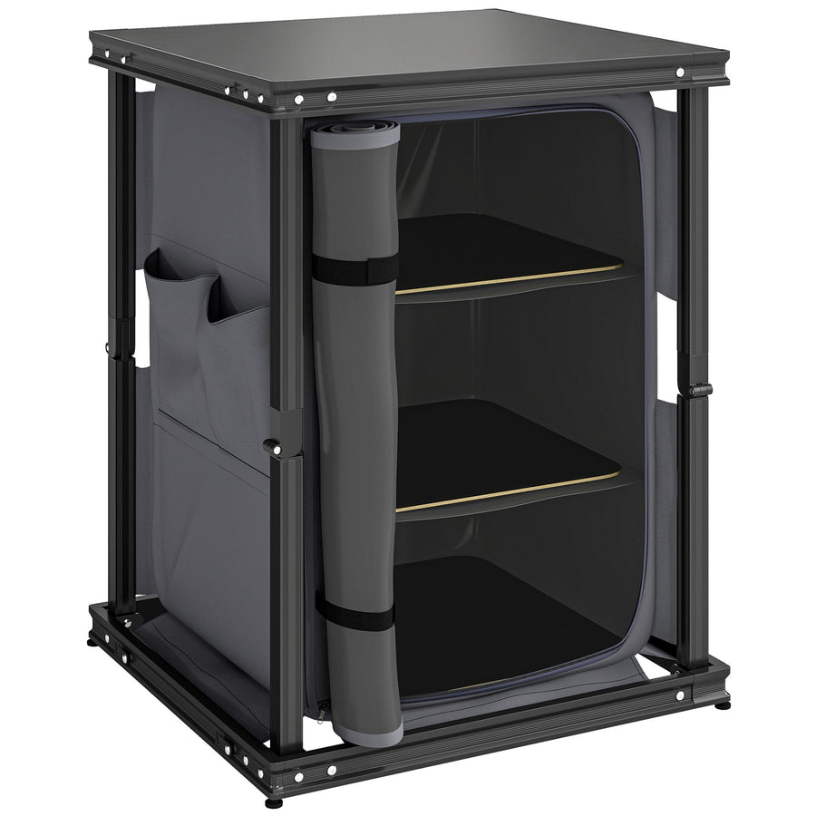 Outsunny Camping Camping Cupboards, Folding Portable Kitchen Table with 3-Tier Storage, Black