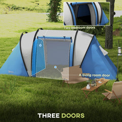 Close up of the blue camping tent showing the three doors and living room entrance