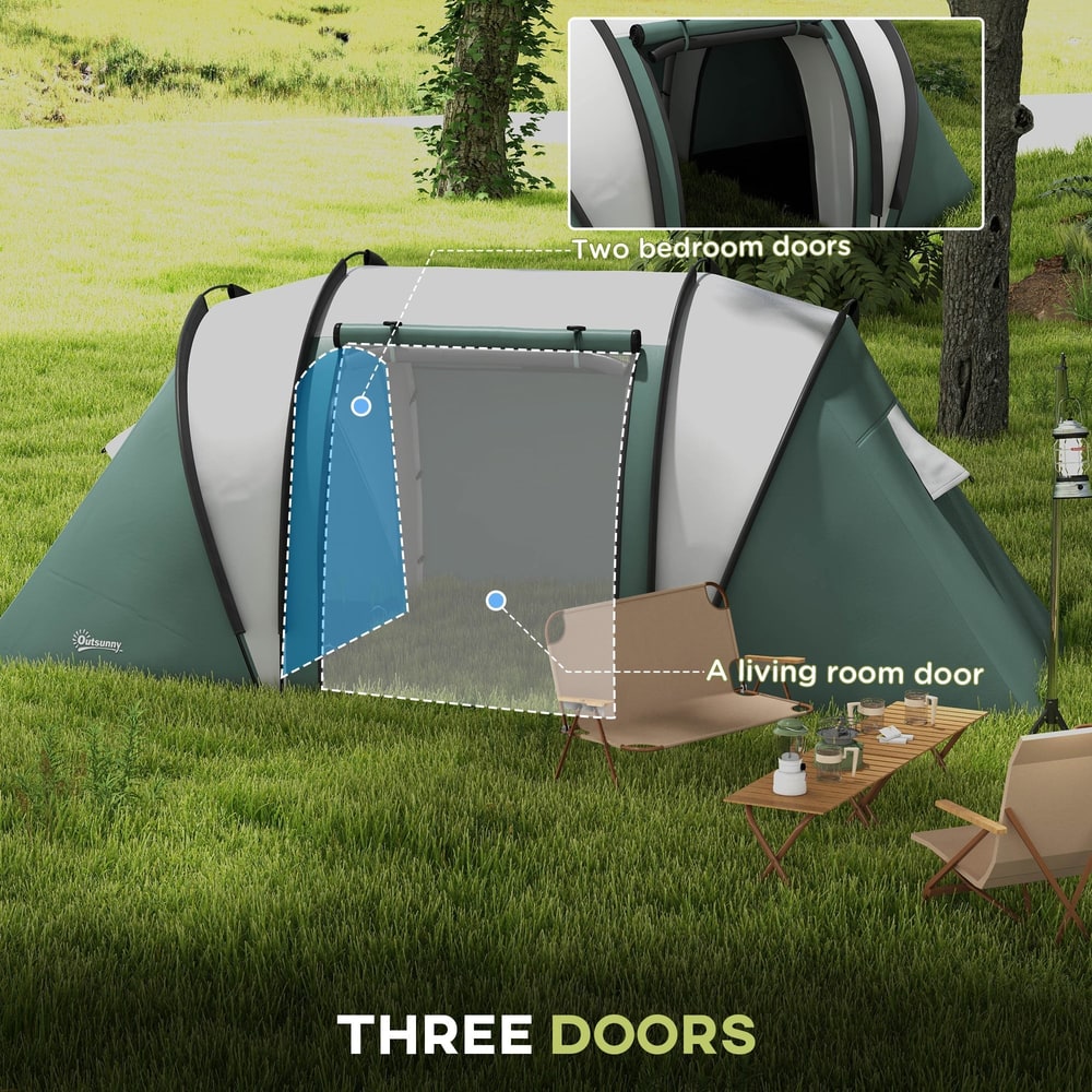 Close-up view of the camping tent's three doors, showing access to the two bedroom pods and living room