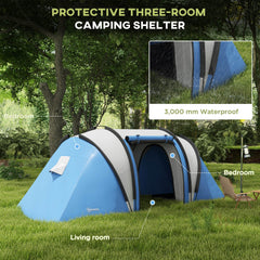 The blue camping tent showing the three room layout and waterproof feature
