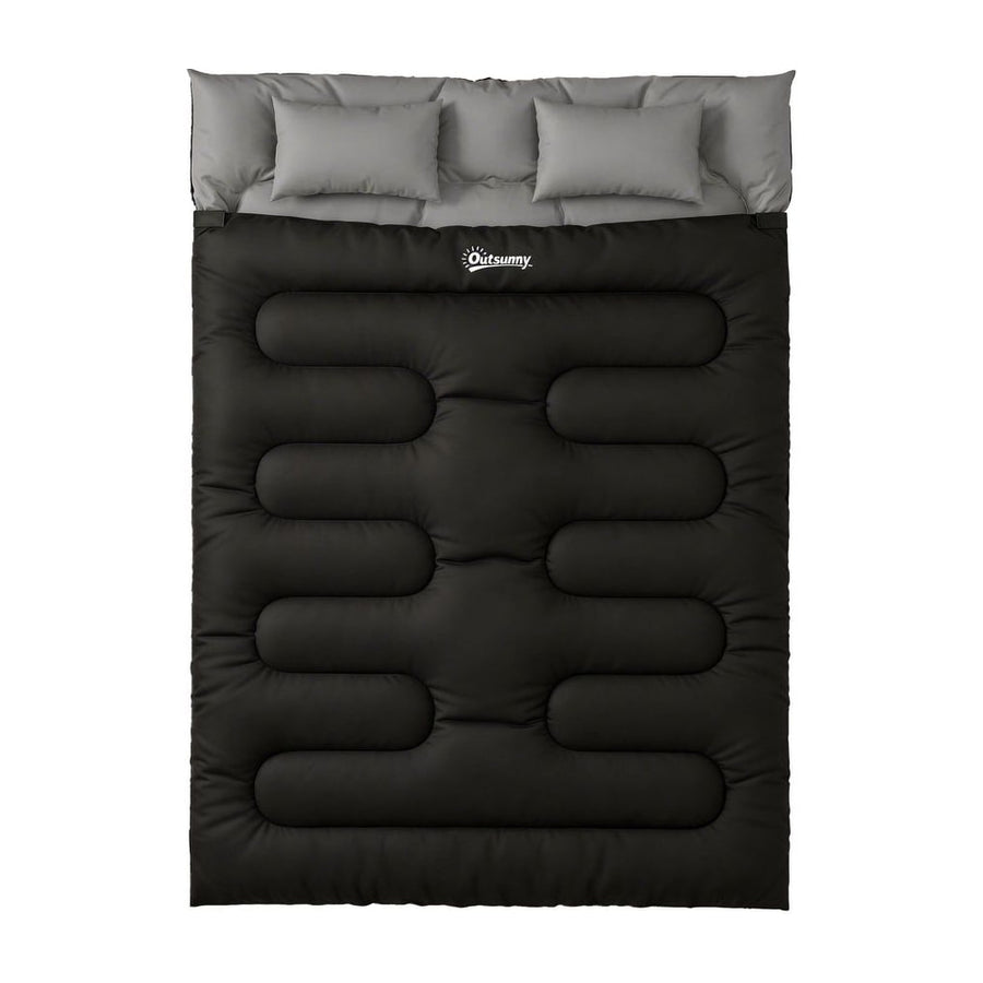 Outsunny Double Sleeping Bag with 2 Pillows laid flat on a white background, showing the black exterior and grey inner lining