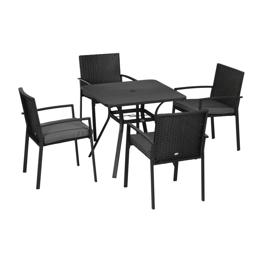 Outsunny Five-Piece Garden Dining Set, with Rattan Seat Chairs and Cushions - Black