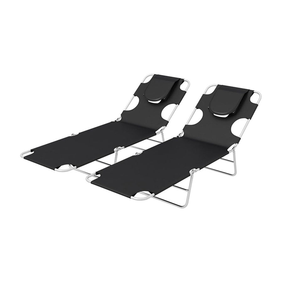 Outsunny Foldable Sun Lounger Set of 2, Beach Chaise Lounges with Reading Hole, Arm Slots, 5-Position Adjustable Backrest
