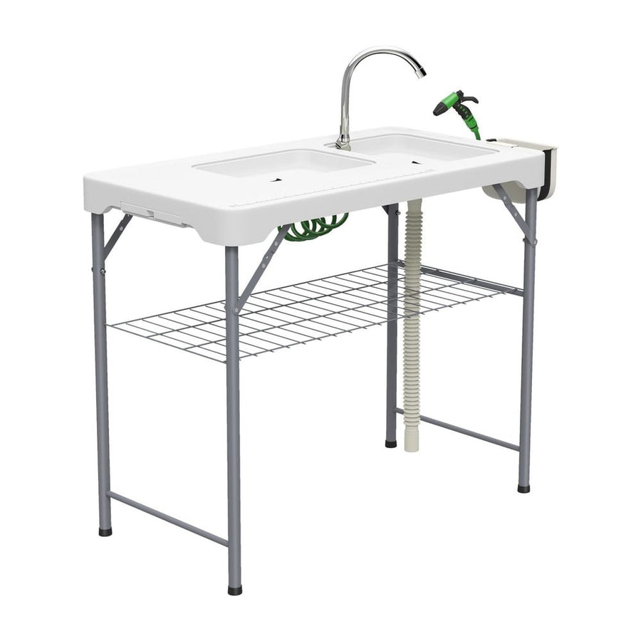 Outsunny Folding Fish Cleaning Table with Sinks, Portable Camping Sink Table with Faucet, Drainage Hose